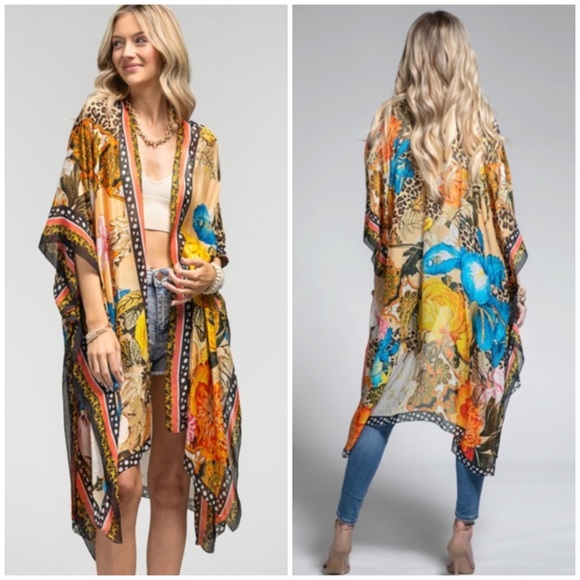 Tops - SOLD OUT Milan Colorful Leopard Animal Print & Floral Border Kimono Wrap Coverup